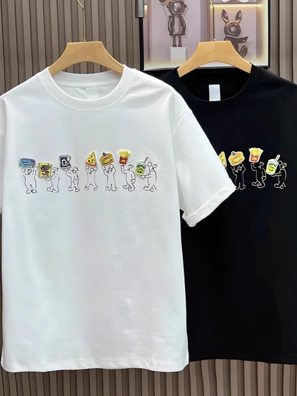 Hot Sale Summer Mens Fashion High Street Cartoon Patch Embroidery T Shirts Loose Fit Tees O Neck Short Sleeve Casual 2025 New
