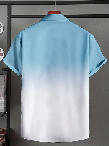 Summer Casual and Fresh Gradient Blue Printed Short-Sleeved Shirt, Suitable for Daily Casual.