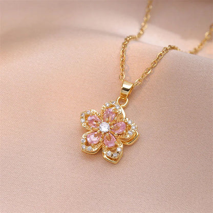 Shiny Zircon Romantic Flower Pendant Necklace For Women Gold Plated Rotatable Flowers Choker Girls Wedding Party Luxury Jewelry