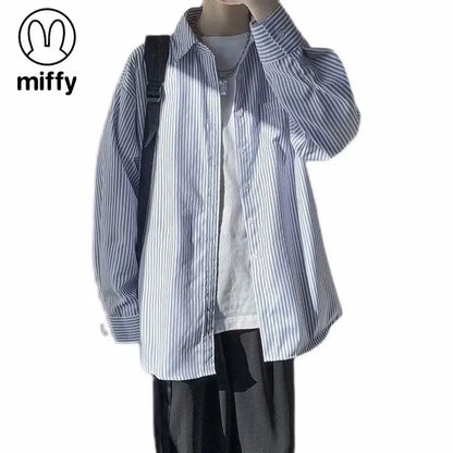 Japanese striped long-sleeved shirt boys simple trend literary fan lining clothes spring and autumn casual coat couple...