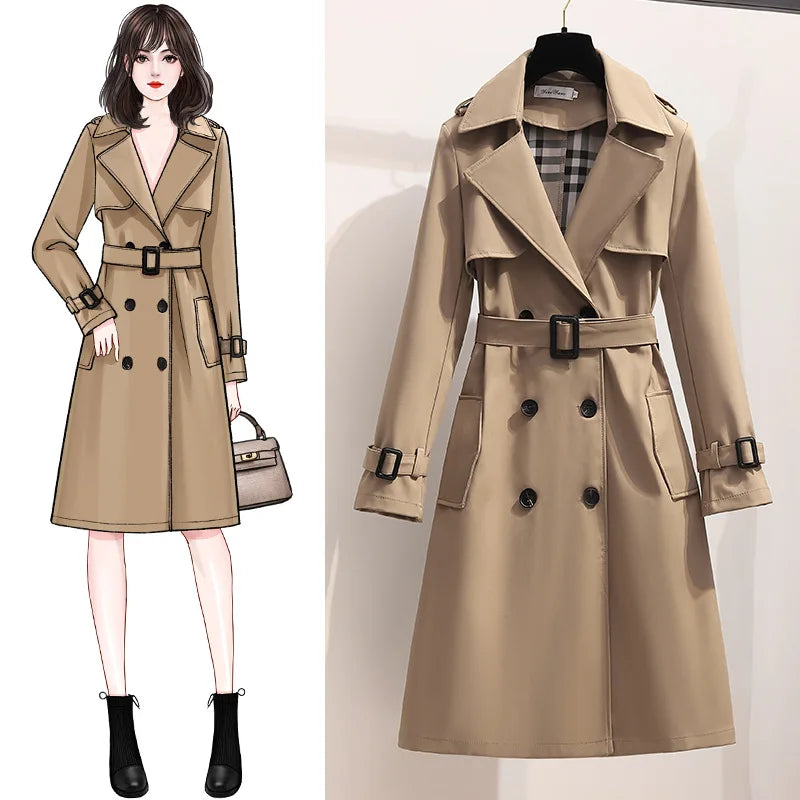 Women Fashion Trench New Coat Spring Autumn Korean Long Sleeve With Belt Jackets Solid British Style Coats Women's Chic Outwear