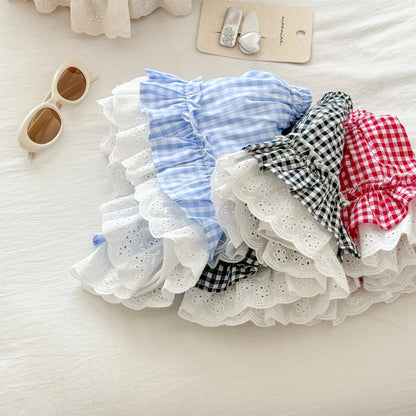 Korean Childrens Girls Short Skirt Summer Stylish Beautiful Plaid Kids Girls Half Skirt Lace Ruched Toddler Girls Cake Skirts