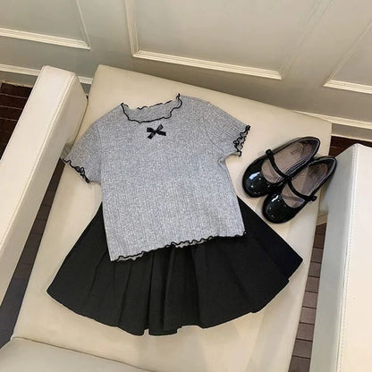 Girl Baby Thin Knit Ruffle Lace Short Sleeve T-shirts 2025 Summer New Girls Kids Bow Tops Sweet Cute Student Children Clothing