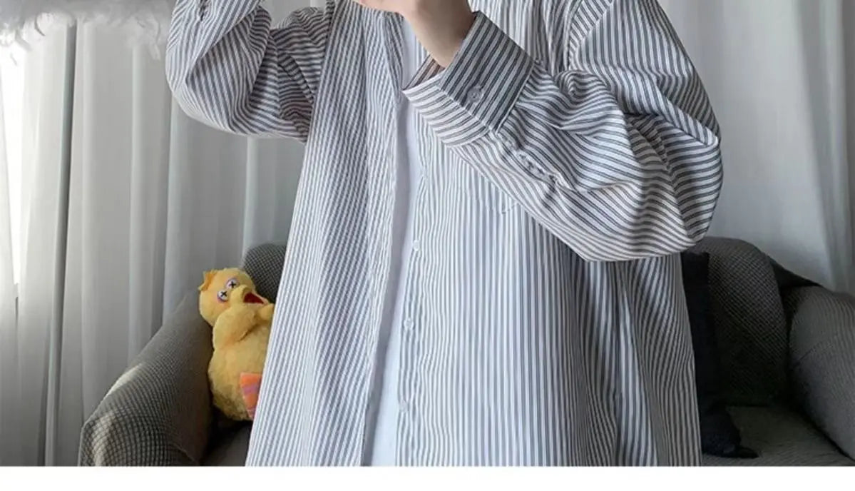 Japanese striped long-sleeved shirt boys simple trend literary fan lining clothes spring and autumn casual coat couple...