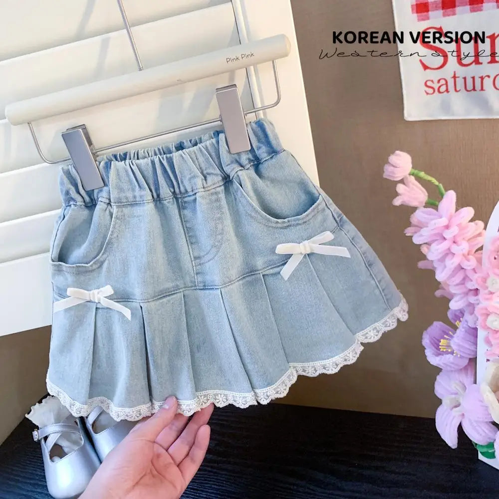 Girls Summer Denim Skirt Baby Girl Korean New Style Cute Bow Lace Pleated Skirt