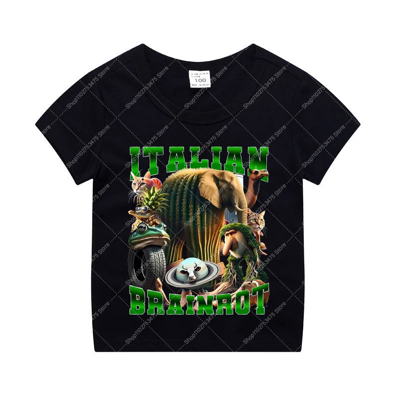 Italian Brainrot Kids Cotton T-shirt Tung Tung Tung Sahur Tee Tralalero Tralala Summer Clothes Funny Meme Children Cute Top Gift
