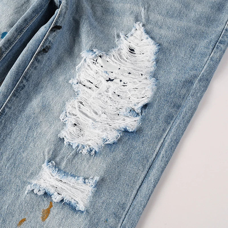 Men's High Street Distressed Washed Light Blue Non-Stretch Damaged Holes Spray Paint Slim Fit Jeans Pants