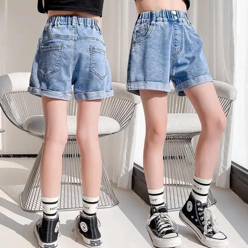 Girls' Denim Shorts - Summer Casual Stretchy Jean Shorts for Kids, Comfortable Loose Fit