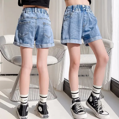 Girls' Denim Shorts - Summer Casual Stretchy Jean Shorts for Kids, Comfortable Loose Fit