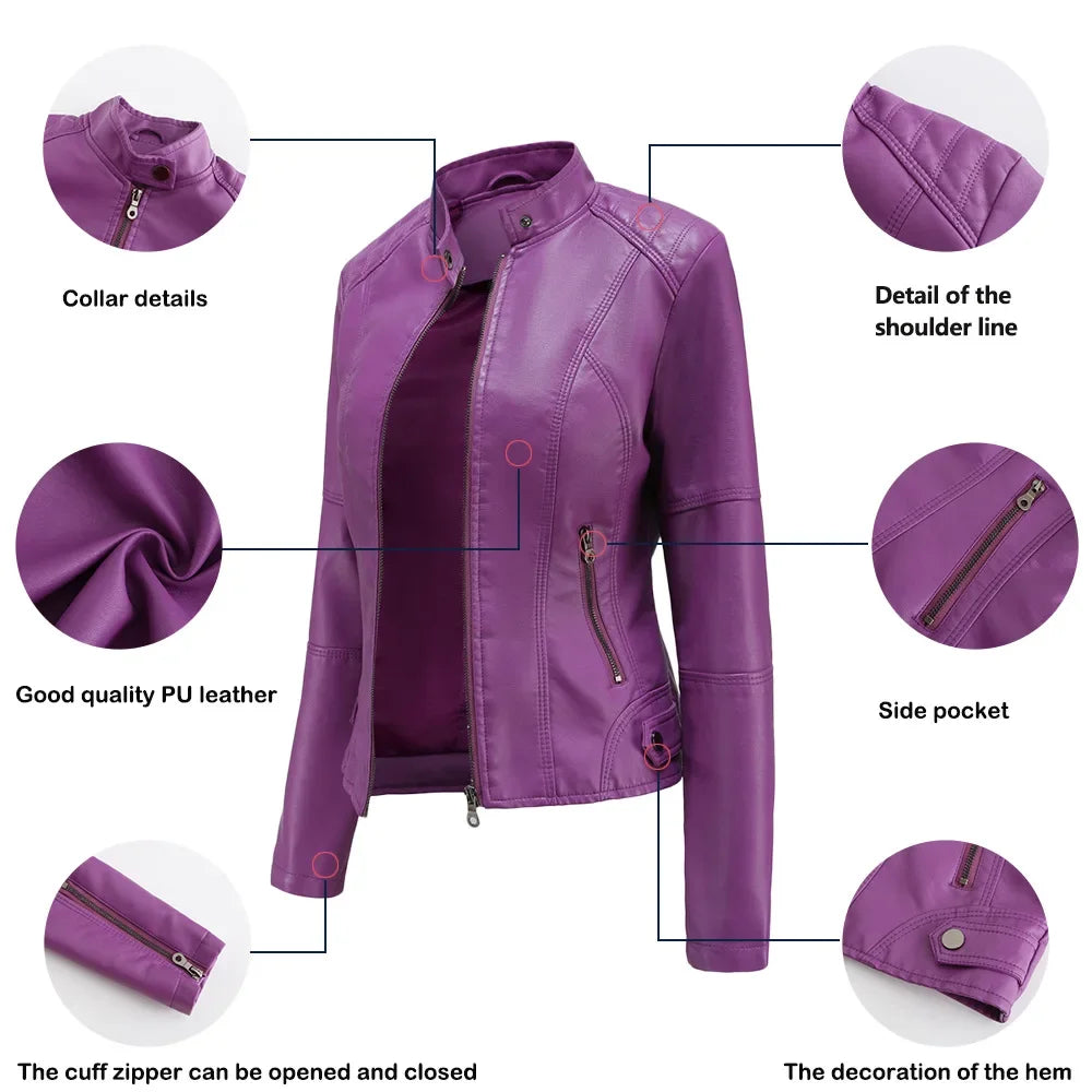 New women's leather jacket Slim jacket Thin section of the spring and autumn jacket Standing collar women's leather jacket
