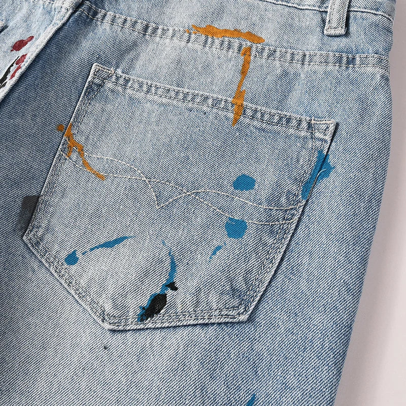 Men's High Street Distressed Washed Light Blue Non-Stretch Damaged Holes Spray Paint Slim Fit Jeans Pants