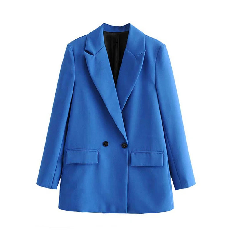 TRZA Women Chic Office Lady Double Breasted Blazer Vintage Coat Fashion Notched Collar Long Sleeve Ladies Outerwear Stylish Tops