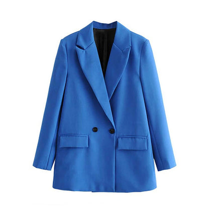 TRZA Women Chic Office Lady Double Breasted Blazer Vintage Coat Fashion Notched Collar Long Sleeve Ladies Outerwear Stylish Tops