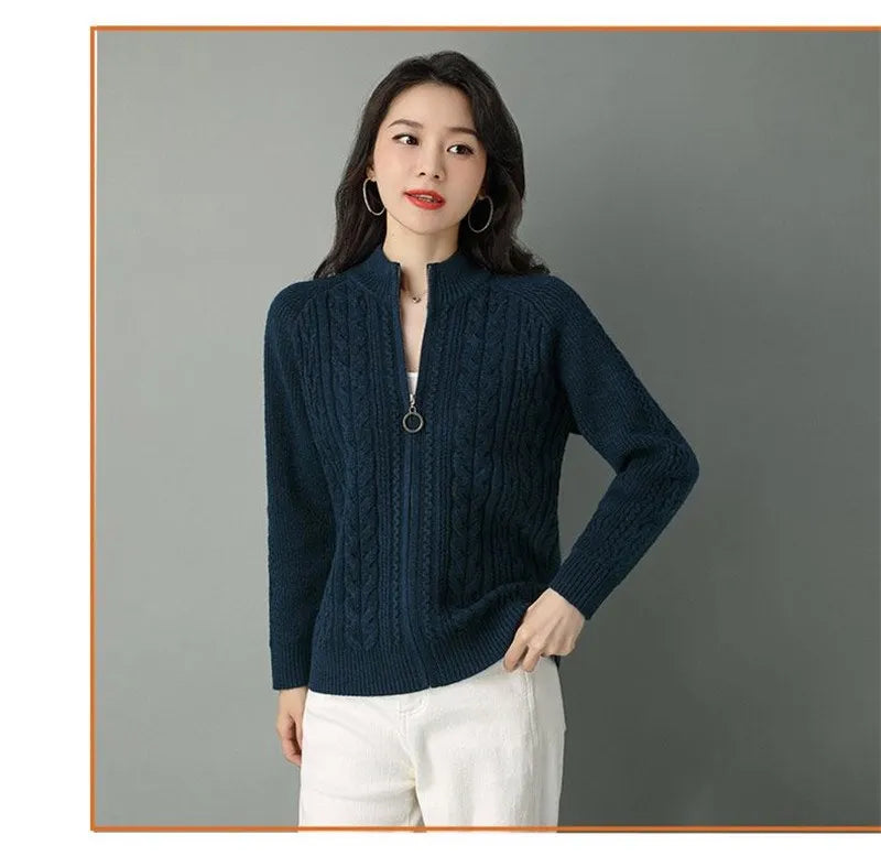 2025 Half High Collar Zipper Knitted Cardigan Jacket Women fall New korean Style  long Sleeve Cardigans Thicken Sweater Coat