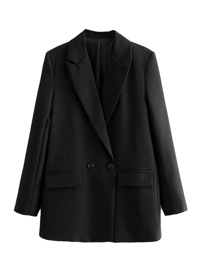 TRZA Women Chic Office Lady Double Breasted Blazer Vintage Coat Fashion Notched Collar Long Sleeve Ladies Outerwear Stylish Tops