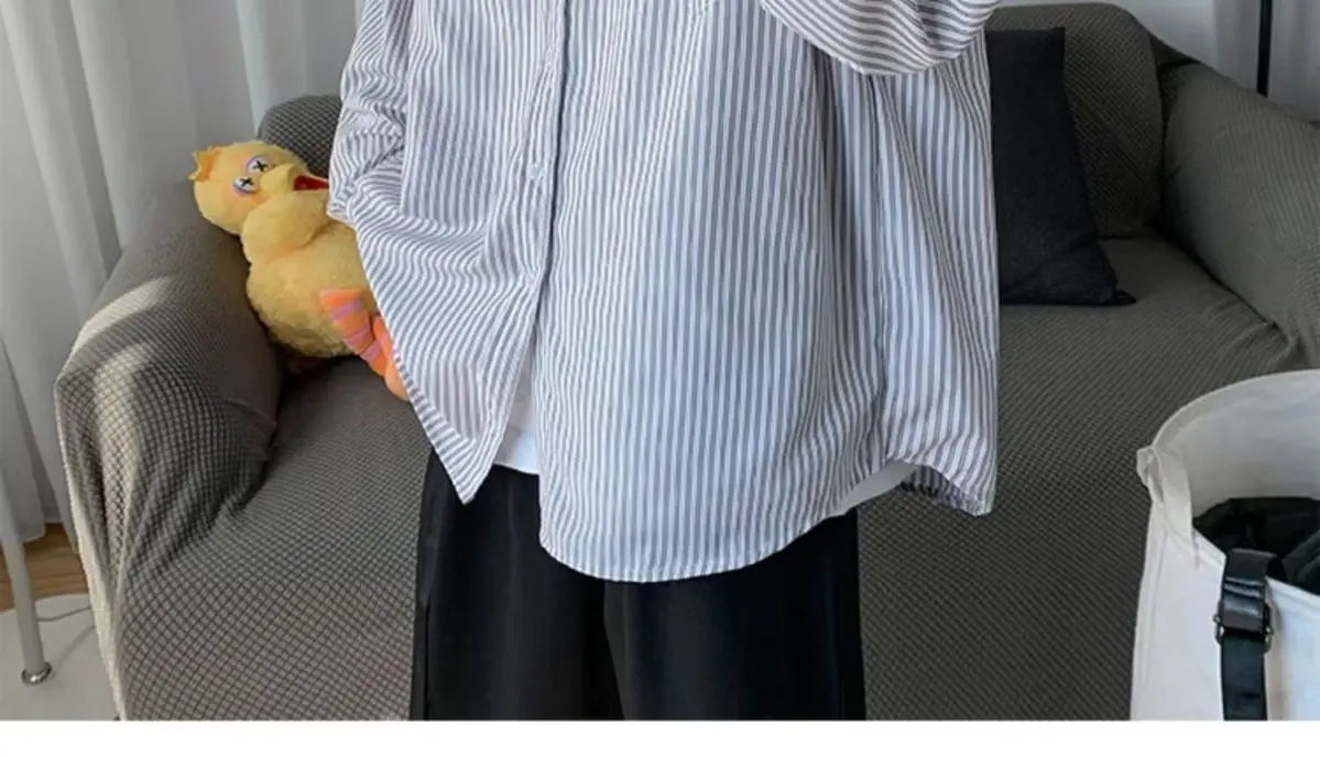 Japanese striped long-sleeved shirt boys simple trend literary fan lining clothes spring and autumn casual coat couple...