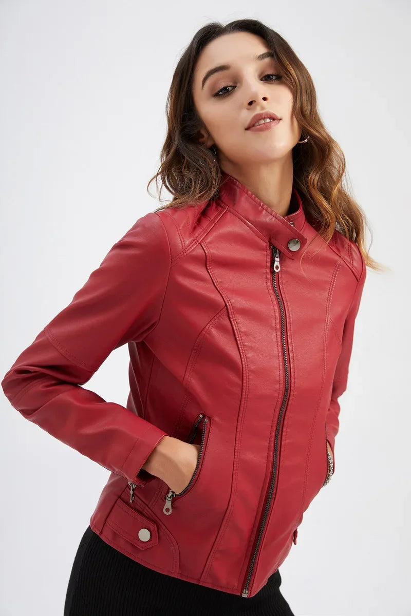 New women's leather jacket Slim jacket Thin section of the spring and autumn jacket Standing collar women's leather jacket