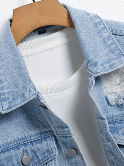 Men's light blue ripped denim jacket. Stylish and trendy. Street casual.