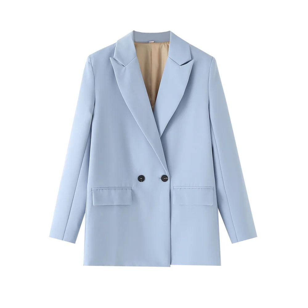 TRZA Women Chic Office Lady Double Breasted Blazer Vintage Coat Fashion Notched Collar Long Sleeve Ladies Outerwear Stylish Tops