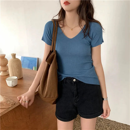 Basic V-neck Solid Thin Summer Pullover Women Female Knitted Ribbed Sweater Slim Short Sleeve Bodycon Sweater