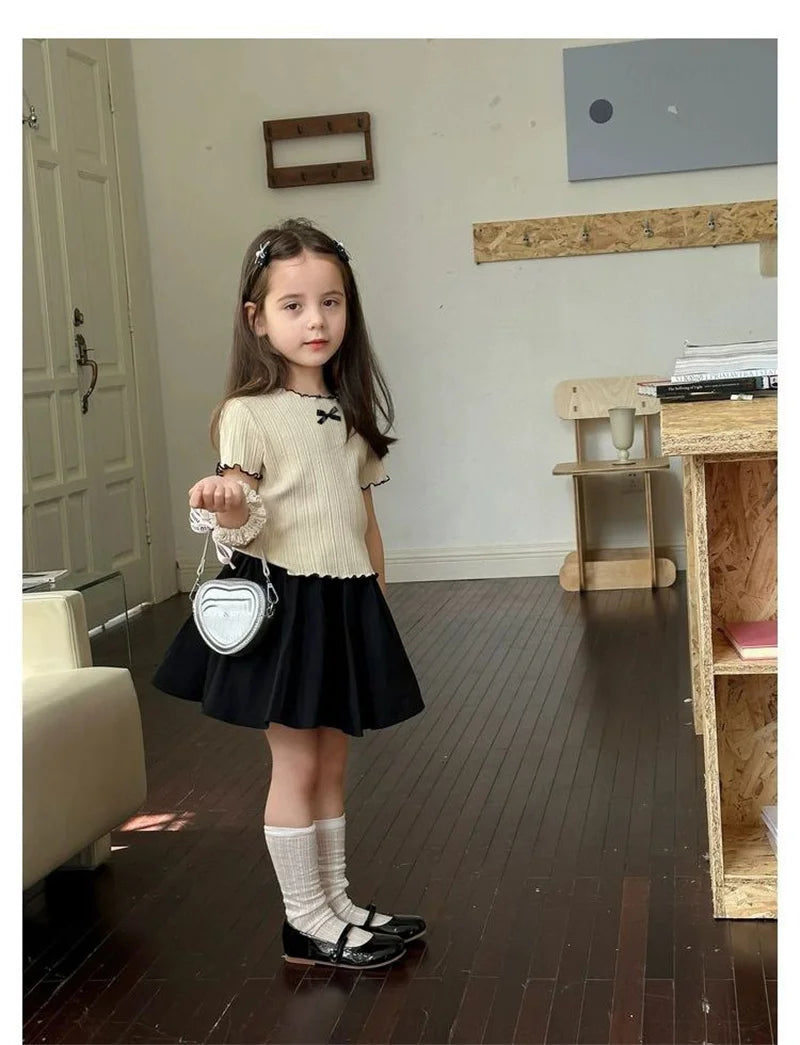 Girl Baby Thin Knit Ruffle Lace Short Sleeve T-shirts 2025 Summer New Girls Kids Bow Tops Sweet Cute Student Children Clothing