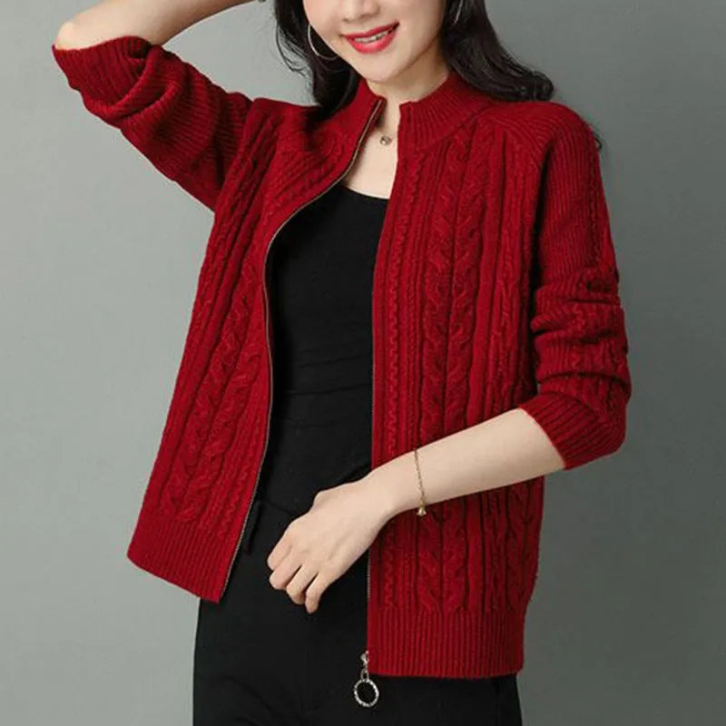 2025 Half High Collar Zipper Knitted Cardigan Jacket Women fall New korean Style  long Sleeve Cardigans Thicken Sweater Coat