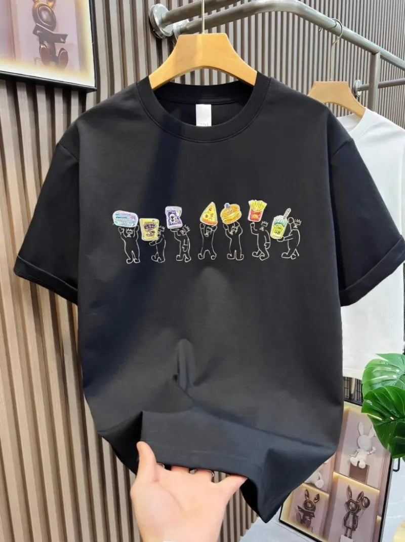 Hot Sale Summer Mens Fashion High Street Cartoon Patch Embroidery T Shirts Loose Fit Tees O Neck Short Sleeve Casual 2025 New