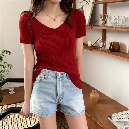Basic V-neck Solid Thin Summer Pullover Women Female Knitted Ribbed Sweater Slim Short Sleeve Bodycon Sweater