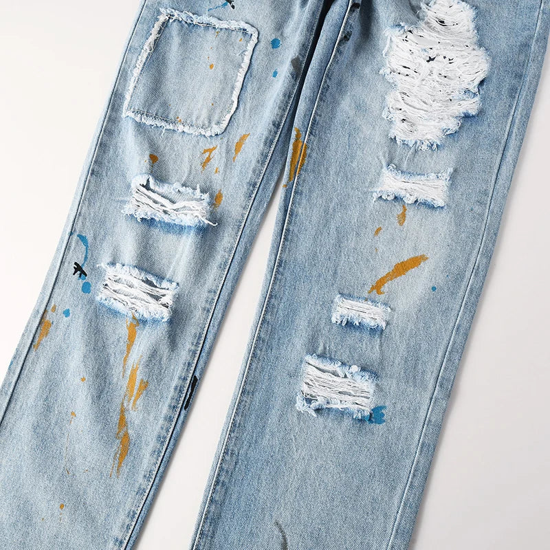 Men's High Street Distressed Washed Light Blue Non-Stretch Damaged Holes Spray Paint Slim Fit Jeans Pants