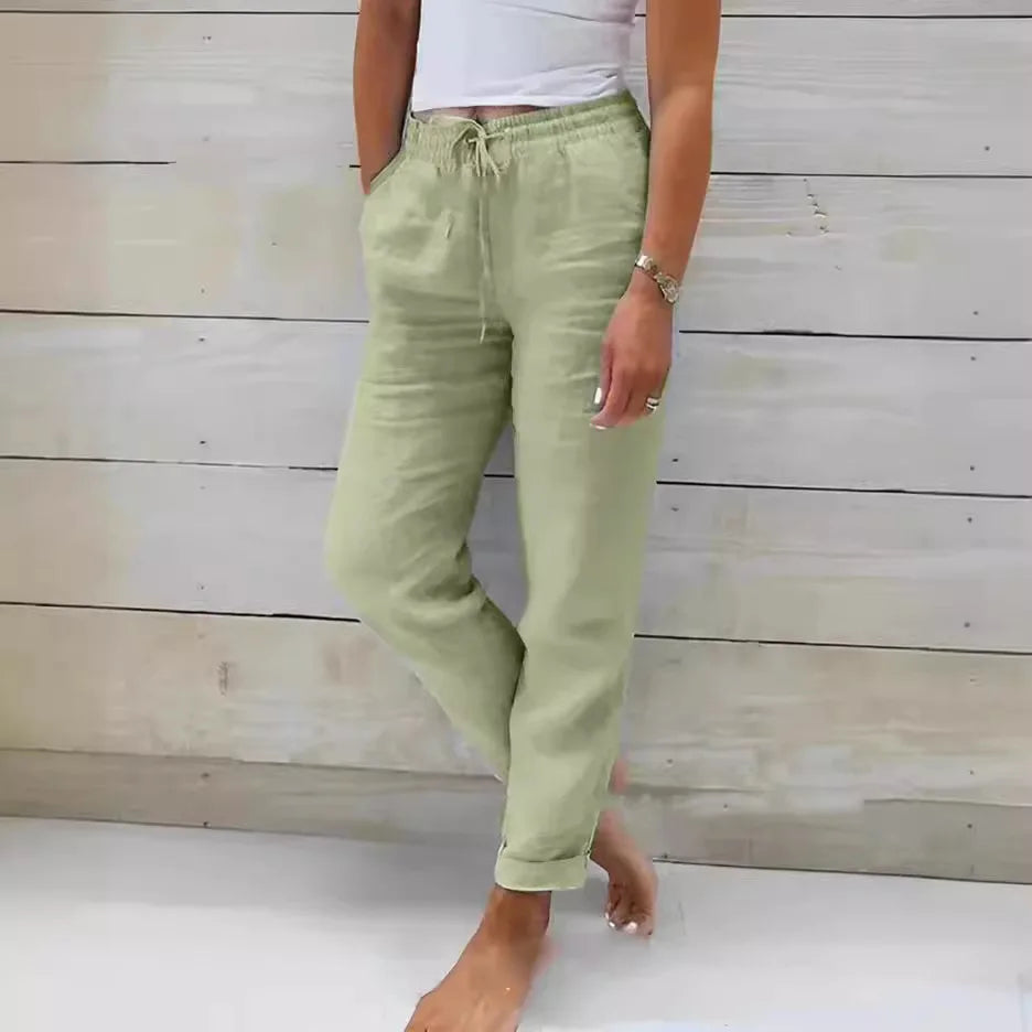 Women Cotton Linen Pants Summer Female High Elastic Waist Drawstring Pocket Beachwear Holiday Straight Trousers JYFS-1044