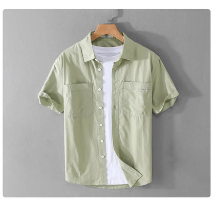 Summer Men's Casual Short Sleeve Comfortable Shirt 100% Cotton Sold Color Loose Simple Male Workwear Versatile Youth Fresh Shirt