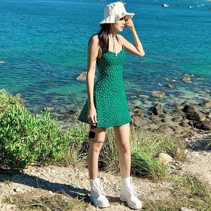 Hugcitar 2024 Summer Spot Print Slips Backless Sexy Elegant Bodycon Mini Prom Dress Women Casual Clothes Y2K Beach Festival