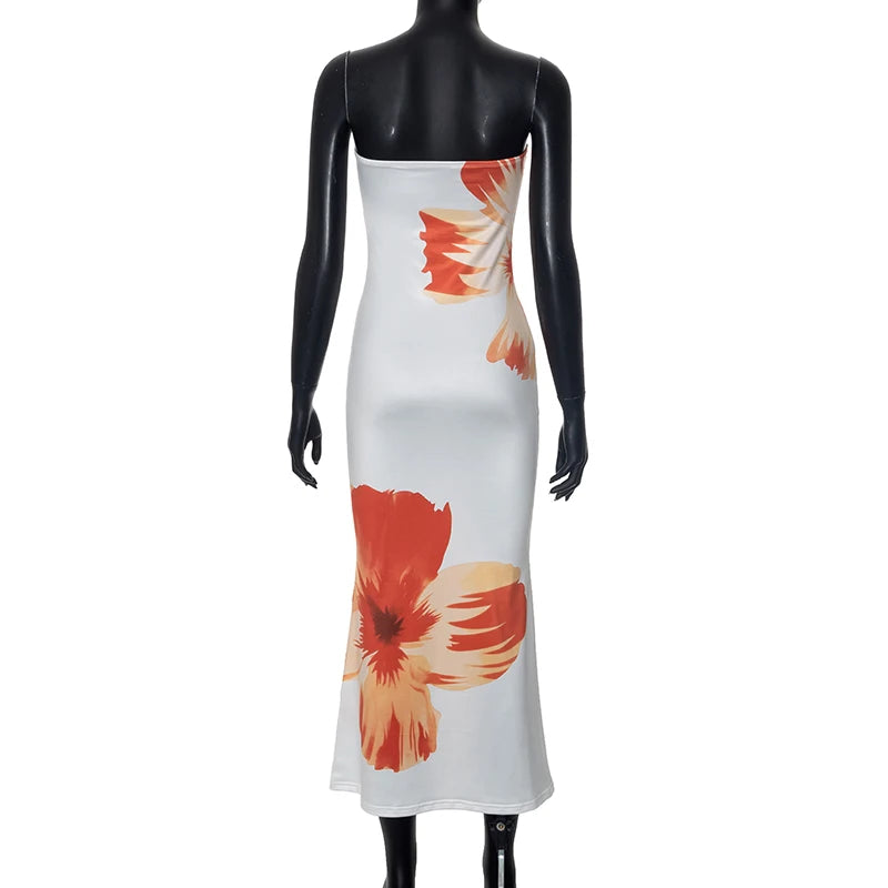 CUTENOVA Women's 2024 New Flower Printed Tubeless Dress Casual Vacation Off Shoulder Slim Beach Floor Length Long Dress