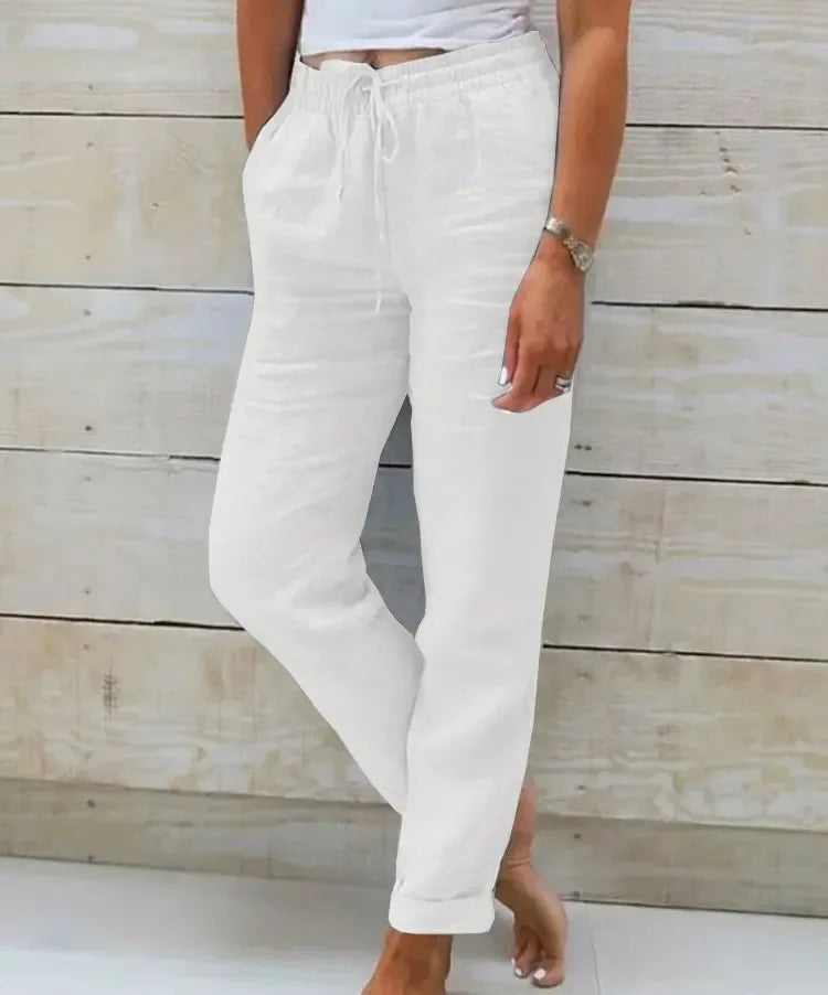 Women Cotton Linen Pants Summer Female High Elastic Waist Drawstring Pocket Beachwear Holiday Straight Trousers JYFS-1044