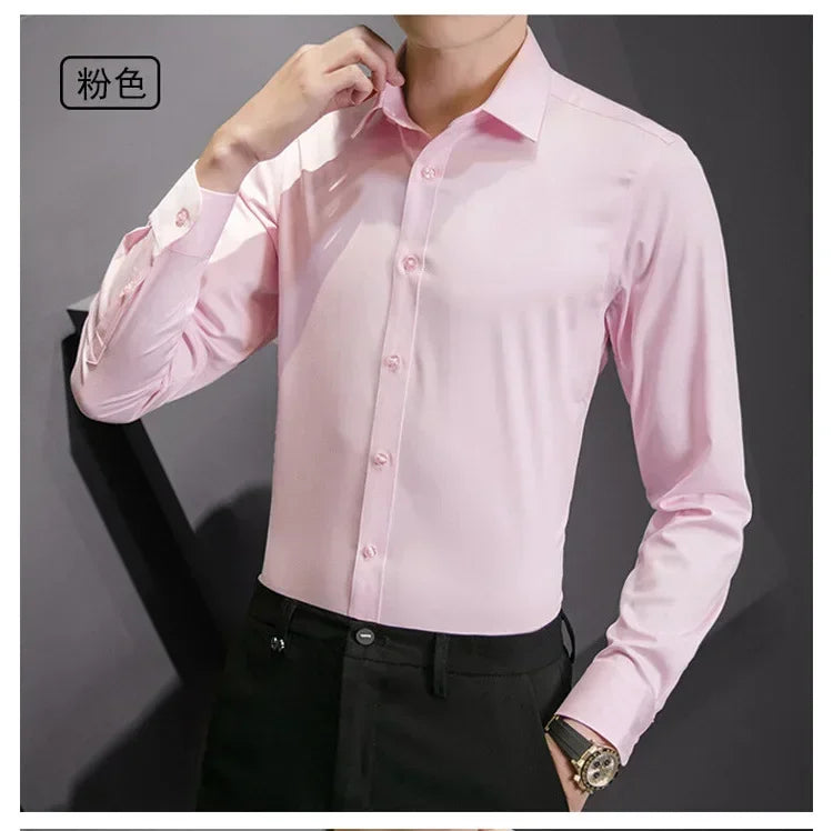 New Plus Size 8XL Men Solid Color Business Shirt Long Sleeve Shirt Fashion Classic Basic Casual Slim White Spring Autumn
