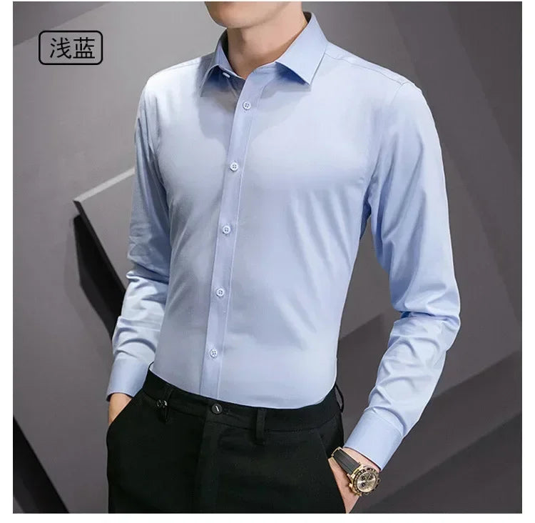 New Plus Size 8XL Men Solid Color Business Shirt Long Sleeve Shirt Fashion Classic Basic Casual Slim White Spring Autumn
