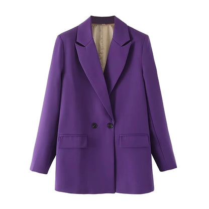 TRZA Women Chic Office Lady Double Breasted Blazer Vintage Coat Fashion Notched Collar Long Sleeve Ladies Outerwear Stylish Tops