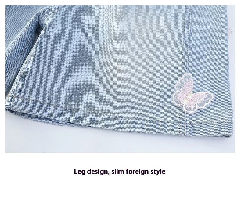 Girls summer style nailed side butterfly denim shorts thin 2025 new fashion denim hot pants casual sports shorts suitable for
