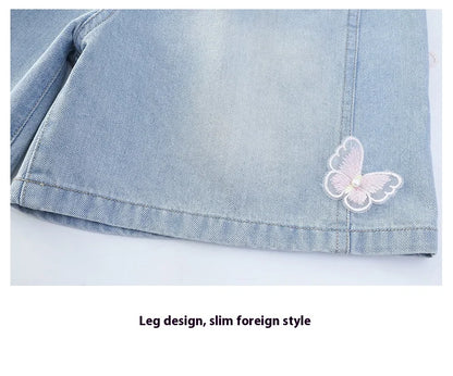 Girls summer style nailed side butterfly denim shorts thin 2025 new fashion denim hot pants casual sports shorts suitable for