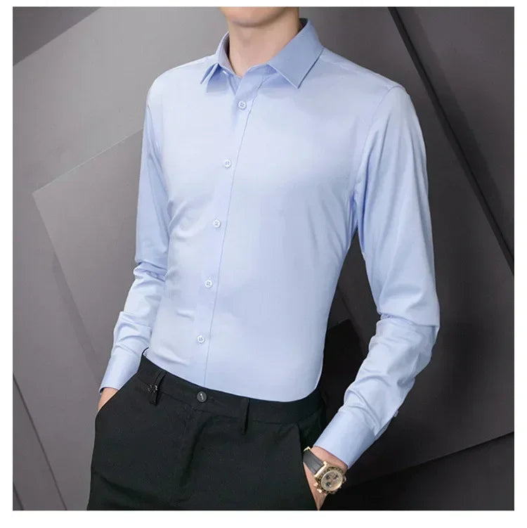 New Plus Size 8XL Men Solid Color Business Shirt Long Sleeve Shirt Fashion Classic Basic Casual Slim White Spring Autumn