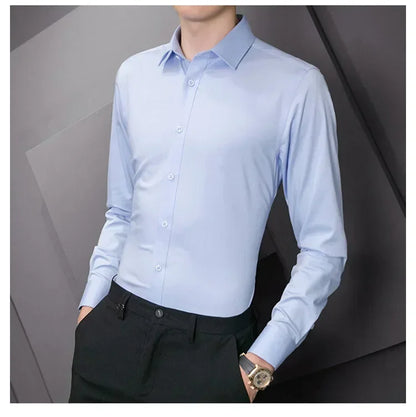 New Plus Size 8XL Men Solid Color Business Shirt Long Sleeve Shirt Fashion Classic Basic Casual Slim White Spring Autumn