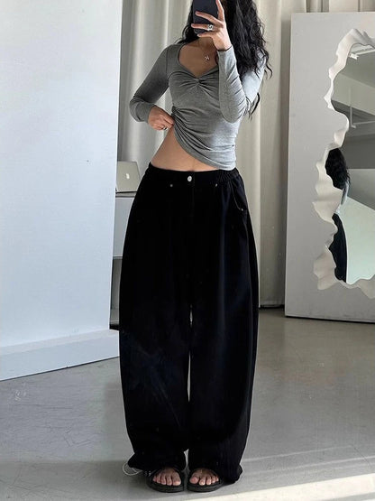 American Vintage Sweatpants Women Simple Classic Stretch High Waist Trousers Loos Lazy Jazz Hip Hop Dance Wide Leg Pants