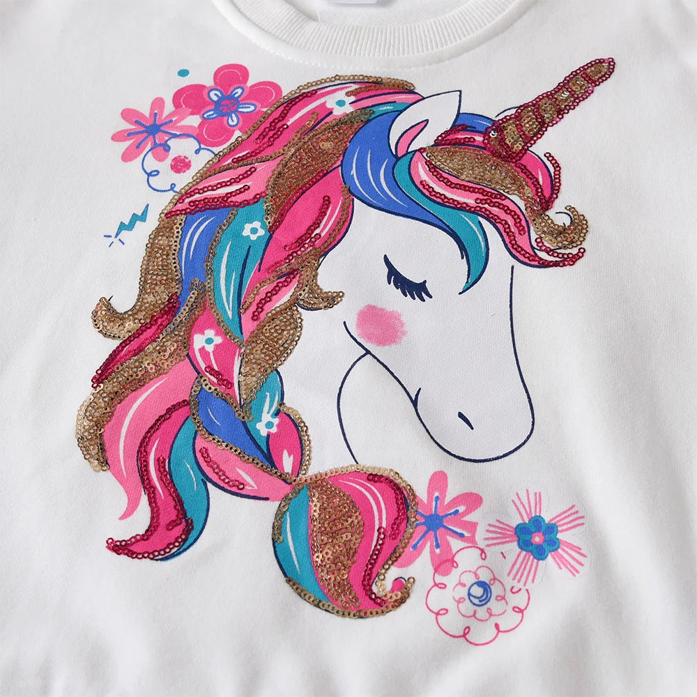 DXTON Girls Sweatshirts Kids Unicorn Sequined Appliqued Rainbow Striped Sweatshirts Kids Long Sleeve Hoodies Sport Shirts 3-12Y
