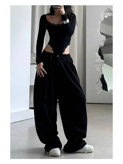American Vintage Sweatpants Women Simple Classic Stretch High Waist Trousers Loos Lazy Jazz Hip Hop Dance Wide Leg Pants
