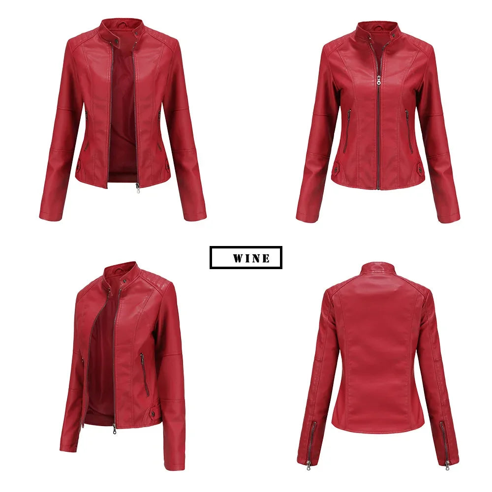 New women's leather jacket Slim jacket Thin section of the spring and autumn jacket Standing collar women's leather jacket