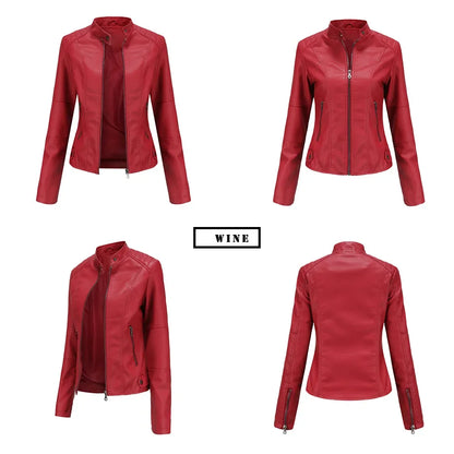 New women's leather jacket Slim jacket Thin section of the spring and autumn jacket Standing collar women's leather jacket