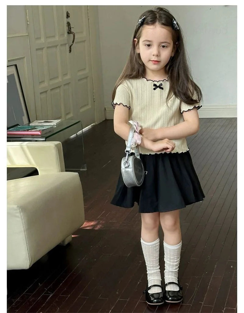 Girl Baby Thin Knit Ruffle Lace Short Sleeve T-shirts 2025 Summer New Girls Kids Bow Tops Sweet Cute Student Children Clothing
