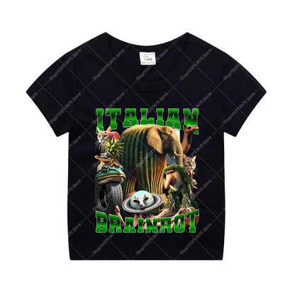 Italian Brainrot Kids Cotton T-shirt Tung Tung Tung Sahur Tee Tralalero Tralala Summer Clothes Funny Meme Children Cute Top Gift