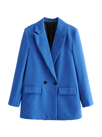 TRZA Women Chic Office Lady Double Breasted Blazer Vintage Coat Fashion Notched Collar Long Sleeve Ladies Outerwear Stylish Tops