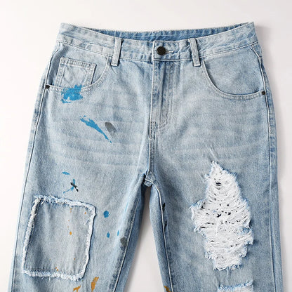 Men's High Street Distressed Washed Light Blue Non-Stretch Damaged Holes Spray Paint Slim Fit Jeans Pants